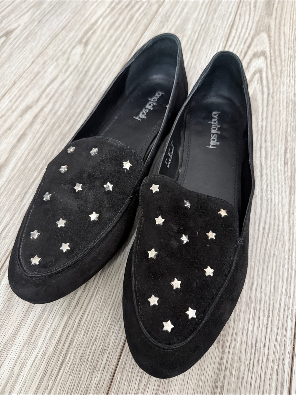 📍 Long Tall Sally Black Star Stud Faux Suede Loafers